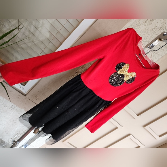 8 Girls Kids DISNEY Sequin Minnie Mouse Long Sleeve Tulle Dress red black - Picture 6 of 13
